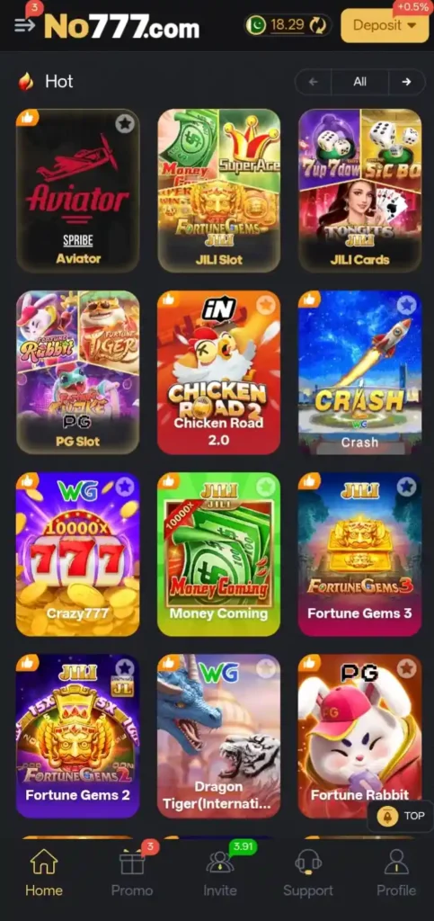 NO777 Games interface